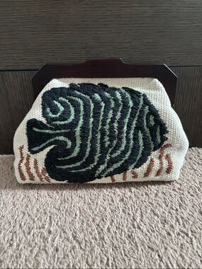 Zara Cream Woven Evening Clutch with Wood-Accent Frame